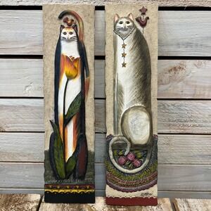 Vintage Signed E Smithson Folk Art Cat Wall Plaques Ceramic Studio Pottery Pair